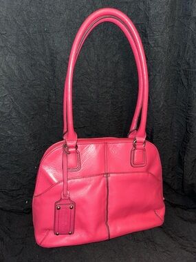 Tignanello Pink Pebbled Leather Dome Satchel Zip Around Shoulder Purse Bag Charm